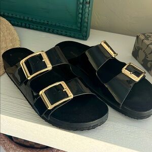 Madden Girl Black Sandals with Gold Buckles. Size 9